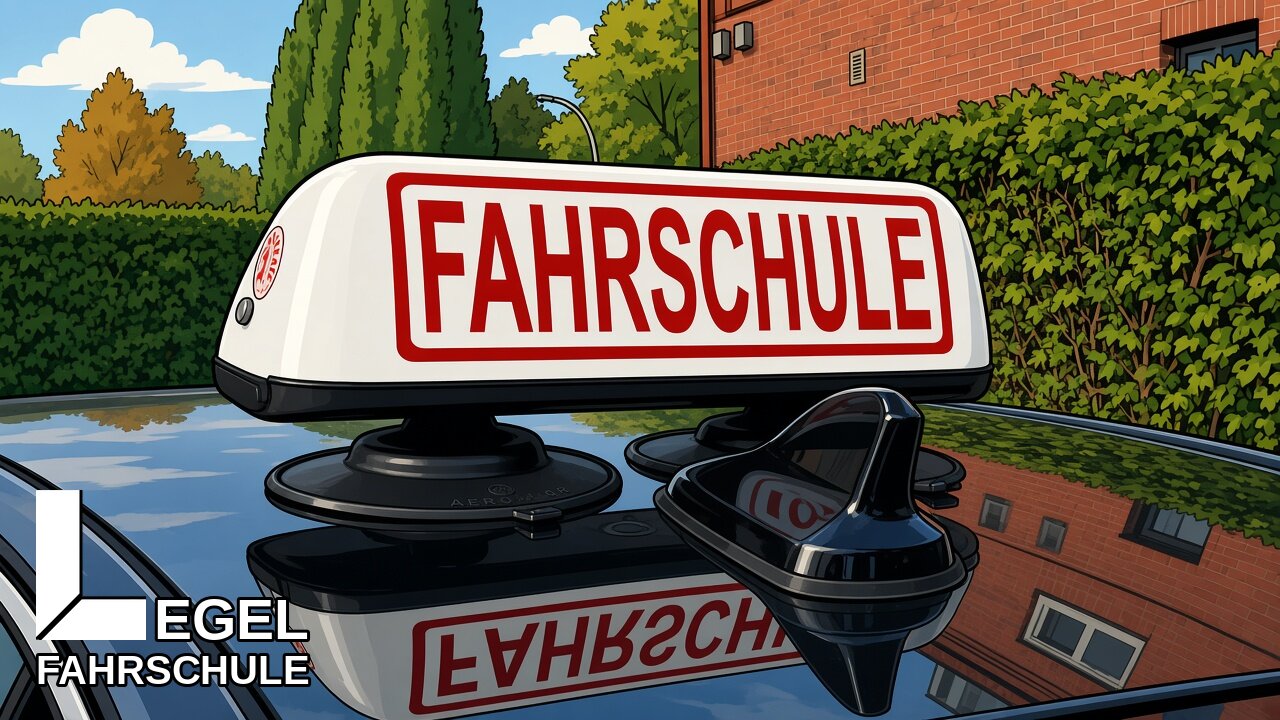 Fahrschule Legel Hamburg Farmsen: weißes FAHRSCHULE-Dachschild in Rot auf dem Fahrschulauto