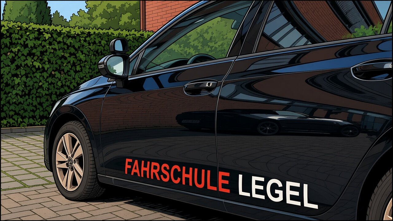 Fahrschule Legel Hamburg Farmsen: schwarzes VW Fahrschulauto mit FAHRSCHULE LEGEL Beschriftung