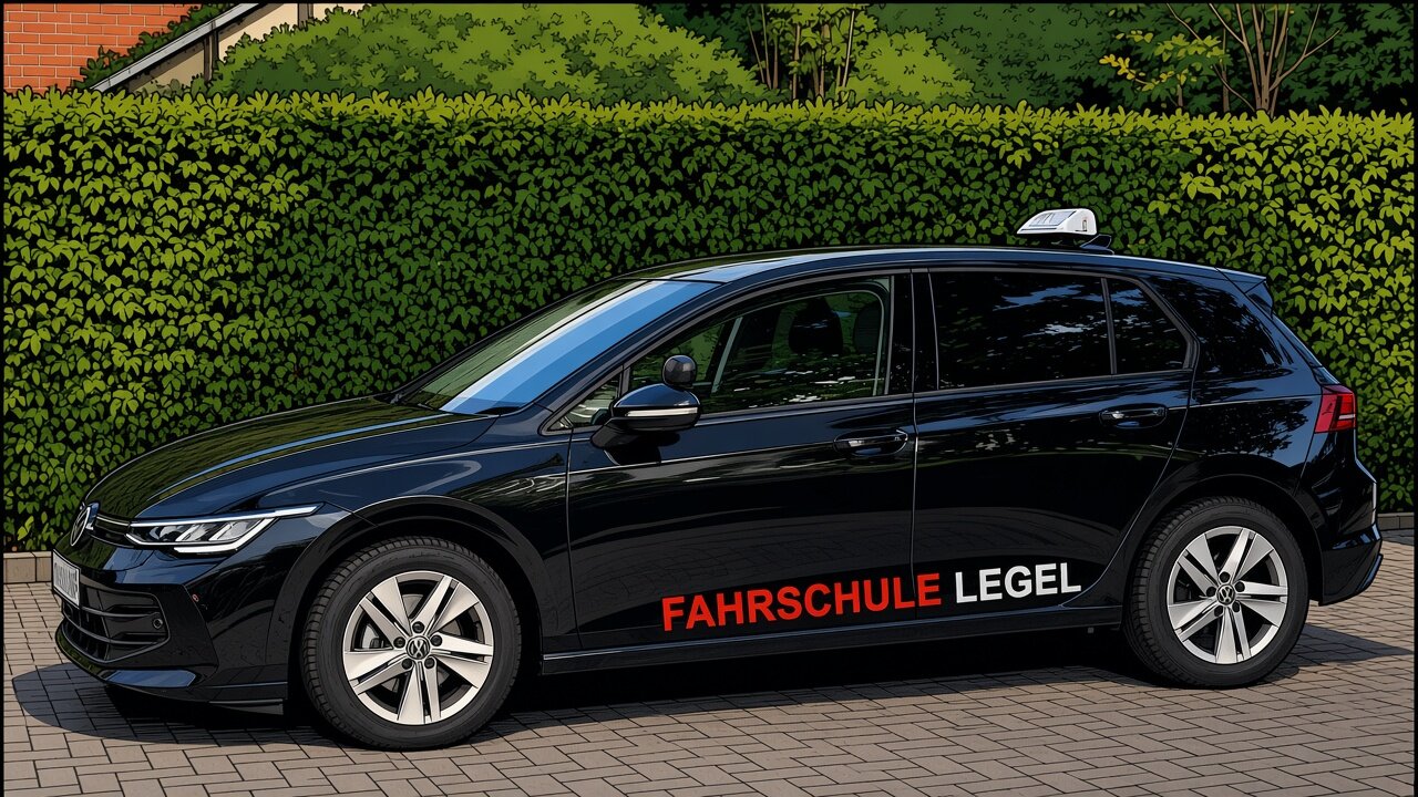 Fahrschule Legel Hamburg Farmsen: schwarzes VW Fahrschulauto Seitenprofil mit FAHRSCHULE LEGEL Beschriftung